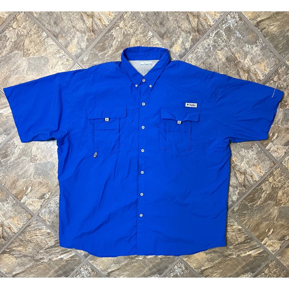 Columbia PFG Fishing Shirt Men 3XT Blue Short Sleeve Bahama II Vent